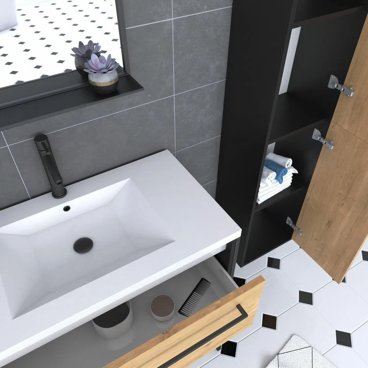 Aurlane Meuble Salle De Bains 80 Cm, Vasque Blanche, Miroir Et Colonne - Chêne Et Noir - STRUCTURA 2 Aurlane Meuble Salle De Bains 80 Cm, Vasque Blanche, Miroir Et Colonne - Chêne Et Noir - STRUCTURA – Image 2