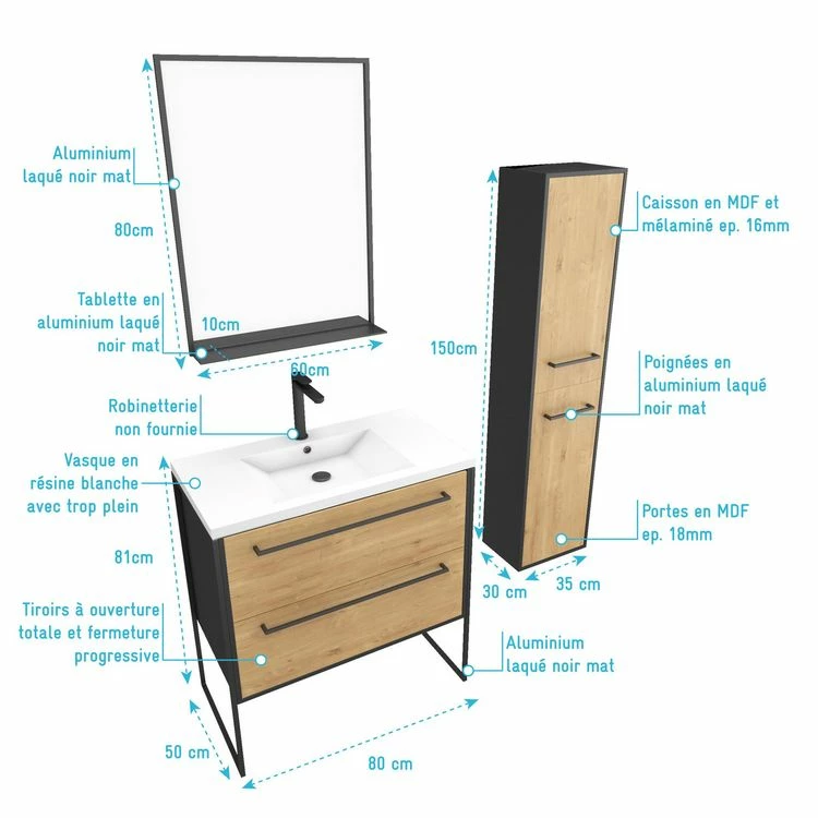 Aurlane Meuble Salle De Bains 80 Cm, Vasque Blanche, Miroir Et Colonne - Chêne Et Noir - STRUCTURA 4 Aurlane Meuble Salle De Bains 80 Cm, Vasque Blanche, Miroir Et Colonne - Chêne Et Noir - STRUCTURA – Image 4
