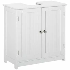 KLEANKIN Meuble Vasque - Meuble Sous-vasque - 2 Portes Rainurées Avec étagère Réglable - Poignées Métal Chromé - Dim. 60L X 30l X 60H Cm - MDF Blanc
