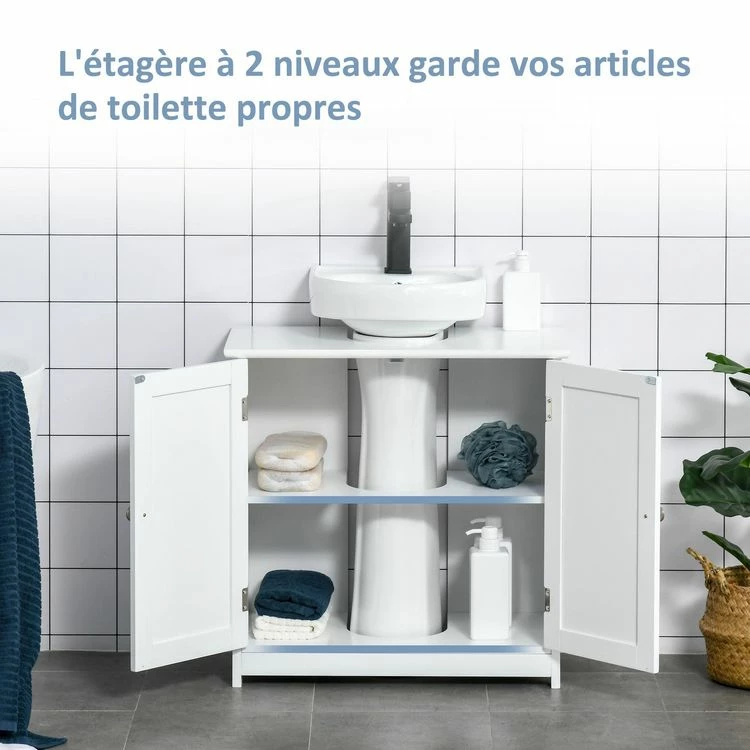 KLEANKIN Meuble Vasque - Meuble Sous-vasque - 2 Portes Rainurées Avec étagère Réglable - Poignées Métal Chromé - Dim. 60L X 30l X 60H Cm - MDF Blanc 6 KLEANKIN Meuble Vasque - Meuble Sous-vasque - 2 Portes Rainurées Avec étagère Réglable - Poignées Métal Chromé - Dim. 60L X 30l X 60H Cm - MDF Blanc – Image 6