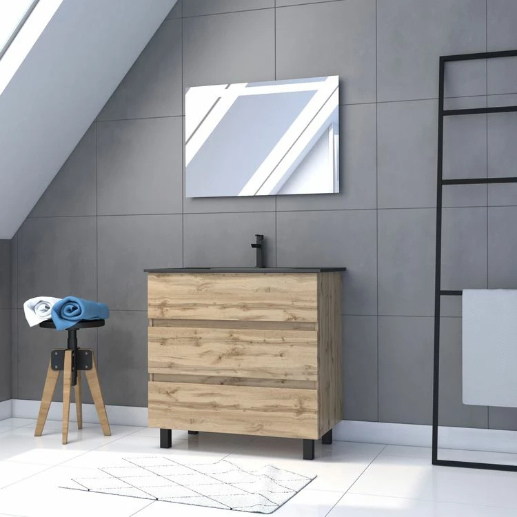 Aurlane Meuble Salle De Bain 80x80 - Finition Chene Naturel + Vasque Noire + Miroir Led - TIMBER 80 - Pack18 1 Aurlane Meuble Salle De Bain 80x80 - Finition Chene Naturel + Vasque Noire + Miroir Led - TIMBER 80 - Pack18