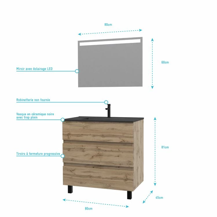 Aurlane Meuble Salle De Bain 80x80 - Finition Chene Naturel + Vasque Noire + Miroir Led - TIMBER 80 - Pack18 4 Aurlane Meuble Salle De Bain 80x80 - Finition Chene Naturel + Vasque Noire + Miroir Led - TIMBER 80 - Pack18 – Image 4