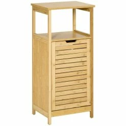 KLEANKIN Meuble Bas Basculant Salle De Bain Style Cosy Dim. 40L X 30l X 86,5H Cm Porte Basculante Ă Lattes Bambou MDF Aspect Bois Clair