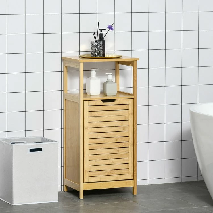 KLEANKIN Meuble Bas Basculant Salle De Bain Style Cosy Dim. 40L X 30l X 86,5H Cm Porte Basculante à Lattes Bambou MDF Aspect Bois Clair 2 KLEANKIN Meuble Bas Basculant Salle De Bain Style Cosy Dim. 40L X 30l X 86,5H Cm Porte Basculante à Lattes Bambou MDF Aspect Bois Clair – Image 2