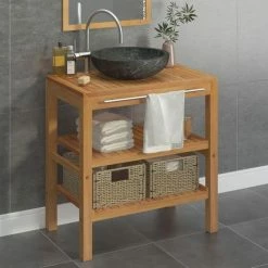 VIDAXL Armoire De Toilette Teck Solide Avec Lavabo En Marbre Noir