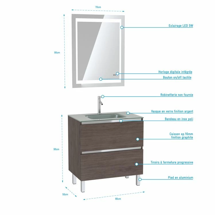 Aurlane Pack Meuble De Salle De Bain 80x50 Cm Graphite + Vasque Argent + Miroir LED 70x90 4 Aurlane Pack Meuble De Salle De Bain 80x50 Cm Graphite + Vasque Argent + Miroir LED 70x90 – Image 4
