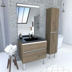 Aurlane Pack Meuble De Salle De Bain 80x50cm Chene Brun - 2 Tiroirs - Vasque Effet Noir Et Miroir - Colonne