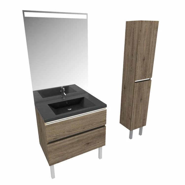 Aurlane Pack Meuble De Salle De Bain 80x50cm Chene Brun - 2 Tiroirs - Vasque Effet Noir Et Miroir - Colonne 3 Aurlane Pack Meuble De Salle De Bain 80x50cm Chene Brun - 2 Tiroirs - Vasque Effet Noir Et Miroir - Colonne – Image 3