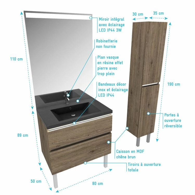 Aurlane Pack Meuble De Salle De Bain 80x50cm Chene Brun - 2 Tiroirs - Vasque Effet Noir Et Miroir - Colonne 4 Aurlane Pack Meuble De Salle De Bain 80x50cm Chene Brun - 2 Tiroirs - Vasque Effet Noir Et Miroir - Colonne – Image 4