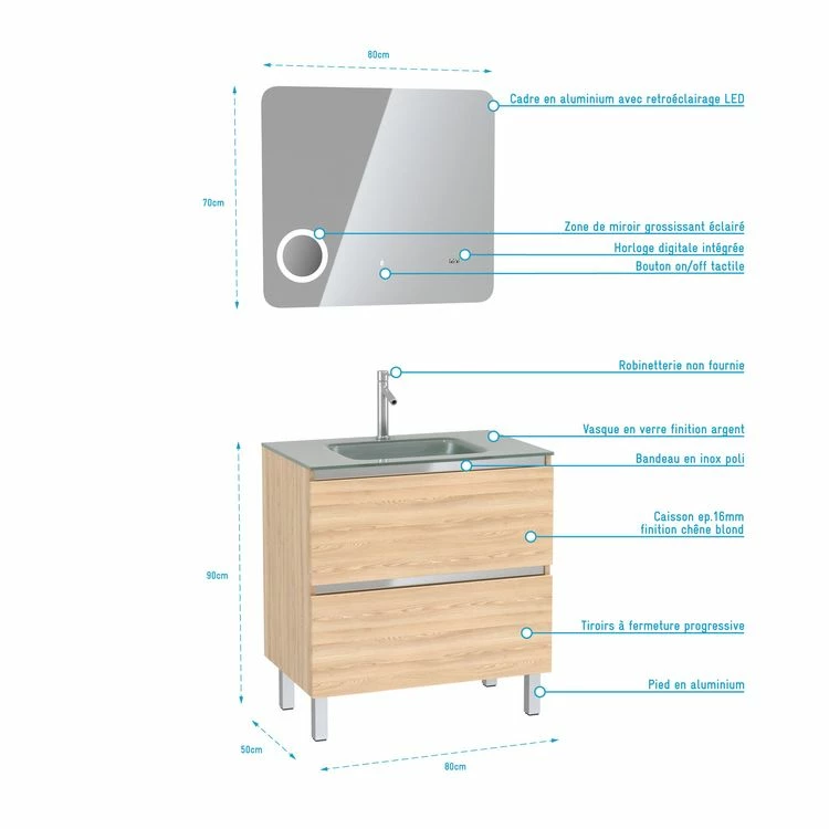 Aurlane Pack Meuble De Salle De Bain 80x50 Cm Chêne Blond + Vasque Argent + Miroir LED 80x70 4 Aurlane Pack Meuble De Salle De Bain 80x50 Cm Chêne Blond + Vasque Argent + Miroir LED 80x70 – Image 4
