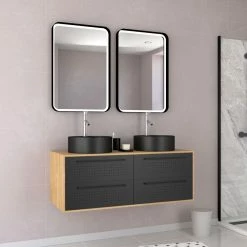 Aurlane Meuble De Salle De Bain - 120x45 + 2 Miroirs LED 80x45 + 2 Vasques Rondes Noire Mat - UBY 120