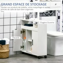 KLEANKIN Meuble De Rangement Pour Salle De Bain Avec Roulettes Et Porte Coulissante Dim. 70I X 20P X 71H Cm -Paris Prix boutique B2CD 1303