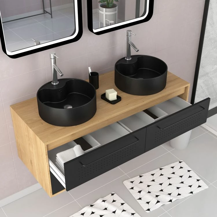 Aurlane Meuble De Salle De Bain - 120x45 + 2 Miroirs LED 80x45 + 2 Vasques Rondes Noire Mat - UBY 120 2 Aurlane Meuble De Salle De Bain - 120x45 + 2 Miroirs LED 80x45 + 2 Vasques Rondes Noire Mat - UBY 120 – Image 2