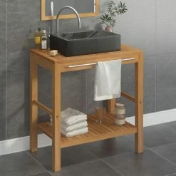 VIDAXL Armoire De Toilette En Teck Solide Avec Lavabo En Marbre Noir