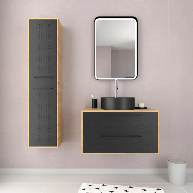 Aurlane Meuble De Salle De Bain Chêne Naturel + Vasque Noir Mat + Colonne + Miroir LED - UBY 80 - 80x45x53cm 2 Aurlane Meuble De Salle De Bain Chêne Naturel + Vasque Noir Mat + Colonne + Miroir LED - UBY 80 - 80x45x53cm – Image 2
