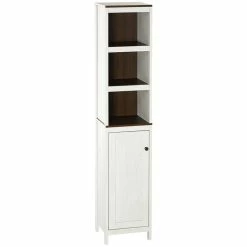 KLEANKIN Meuble Colonne Rangement Salle De Bain Style Cosy Dim. 32L X 30l X 161H Cm 3 Niches Porte Aspect Bois Blanc Effet Vieilli