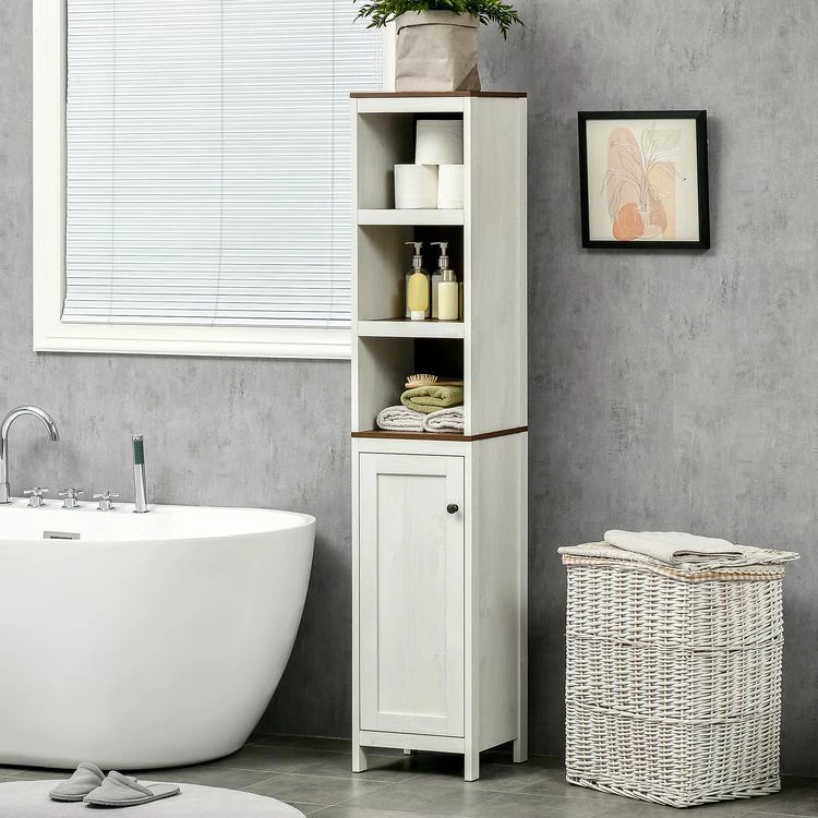 KLEANKIN Meuble Colonne Rangement Salle De Bain Style Cosy Dim. 32L X 30l X 161H Cm 3 Niches Porte Aspect Bois Blanc Effet Vieilli 2 KLEANKIN Meuble Colonne Rangement Salle De Bain Style Cosy Dim. 32L X 30l X 161H Cm 3 Niches Porte Aspect Bois Blanc Effet Vieilli – Image 2