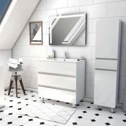 Aurlane Ensemble Meuble De Salle De Bain Blanc 80 Cm Sur Pied 3 Tiroirs + Vasque Ceramique Blanche + Miroir
