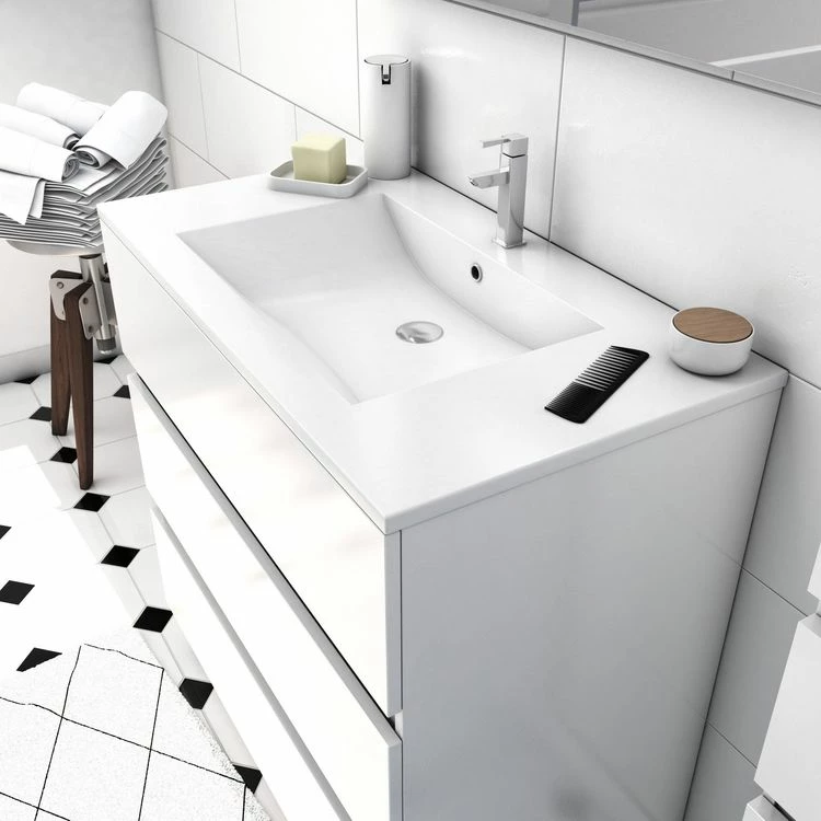 Aurlane Ensemble Meuble De Salle De Bain Blanc 80 Cm Sur Pied 3 Tiroirs + Vasque Ceramique Blanche + Miroir 2 Aurlane Ensemble Meuble De Salle De Bain Blanc 80 Cm Sur Pied 3 Tiroirs + Vasque Ceramique Blanche + Miroir – Image 2