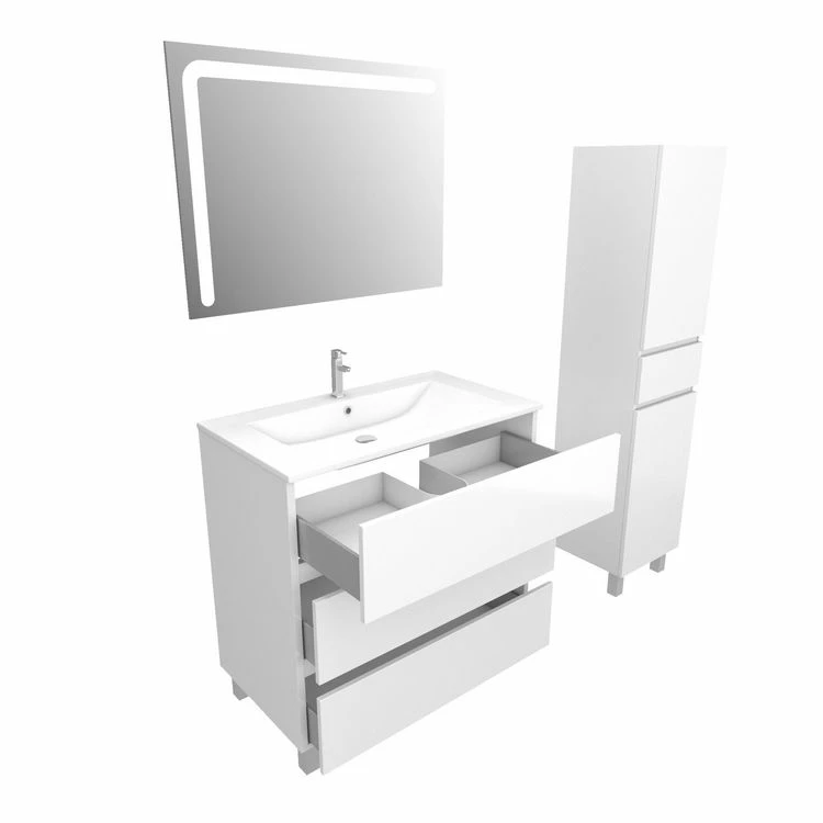 Aurlane Ensemble Meuble De Salle De Bain Blanc 80 Cm Sur Pied 3 Tiroirs + Vasque Ceramique Blanche + Miroir 3 Aurlane Ensemble Meuble De Salle De Bain Blanc 80 Cm Sur Pied 3 Tiroirs + Vasque Ceramique Blanche + Miroir – Image 3