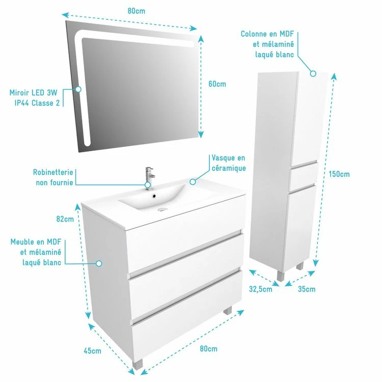 Aurlane Ensemble Meuble De Salle De Bain Blanc 80 Cm Sur Pied 3 Tiroirs + Vasque Ceramique Blanche + Miroir 4 Aurlane Ensemble Meuble De Salle De Bain Blanc 80 Cm Sur Pied 3 Tiroirs + Vasque Ceramique Blanche + Miroir – Image 4