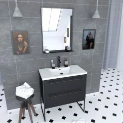 Aurlane Pack Meuble De Salle De Bain 80x50 Cm NOIR MAT - 2 Tiroirs Noir Mat - Vasque Blanche + Miroir