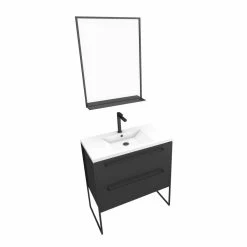 Aurlane Pack Meuble De Salle De Bain 80x50 Cm NOIR MAT - 2 Tiroirs Noir Mat - Vasque Blanche + Miroir -Paris Prix boutique B2CD 1394