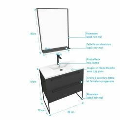 Aurlane Pack Meuble De Salle De Bain 80x50 Cm NOIR MAT - 2 Tiroirs Noir Mat - Vasque Blanche + Miroir -Paris Prix boutique B2CD 1395