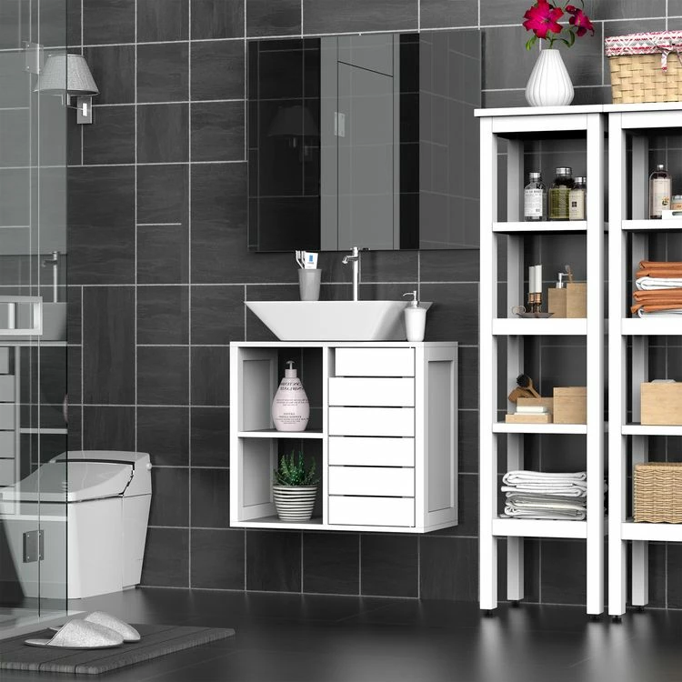 HOMCOM Meuble Salle De Bain Mural - Meuble Sous-vasque - Placard 1 Porte Avec étagère - Double Niche - Dim. 60L X 30l X 54H Cm - MDF Blanc 2 HOMCOM Meuble Salle De Bain Mural - Meuble Sous-vasque - Placard 1 Porte Avec étagère - Double Niche - Dim. 60L X 30l X 54H Cm - MDF Blanc – Image 2