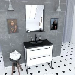 Aurlane Pack Meuble Salle De Bain 80x50 Blanc -2 Tiroirs Noir - Vasque Noir Effet Pierre Et Miroir Noir Mat