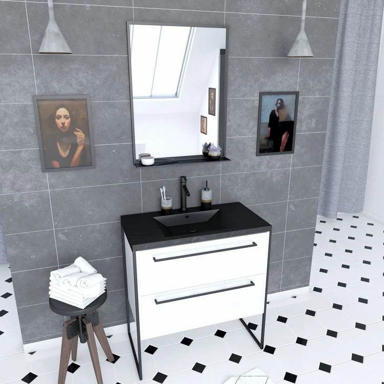 Aurlane Pack Meuble Salle De Bain 80x50 Blanc -2 Tiroirs Noir - Vasque Noir Effet Pierre Et Miroir Noir Mat 1 Aurlane Pack Meuble Salle De Bain 80x50 Blanc -2 Tiroirs Noir - Vasque Noir Effet Pierre Et Miroir Noir Mat