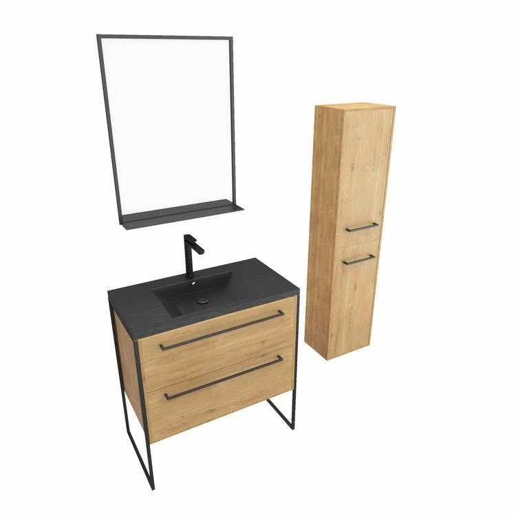 Aurlane Pack Meuble De Salle De Bain 80x50cm Chene Brun - 2 Tiroirs Chene Brun - Vasque Resine Noire 3 Aurlane Pack Meuble De Salle De Bain 80x50cm Chene Brun - 2 Tiroirs Chene Brun - Vasque Resine Noire – Image 3