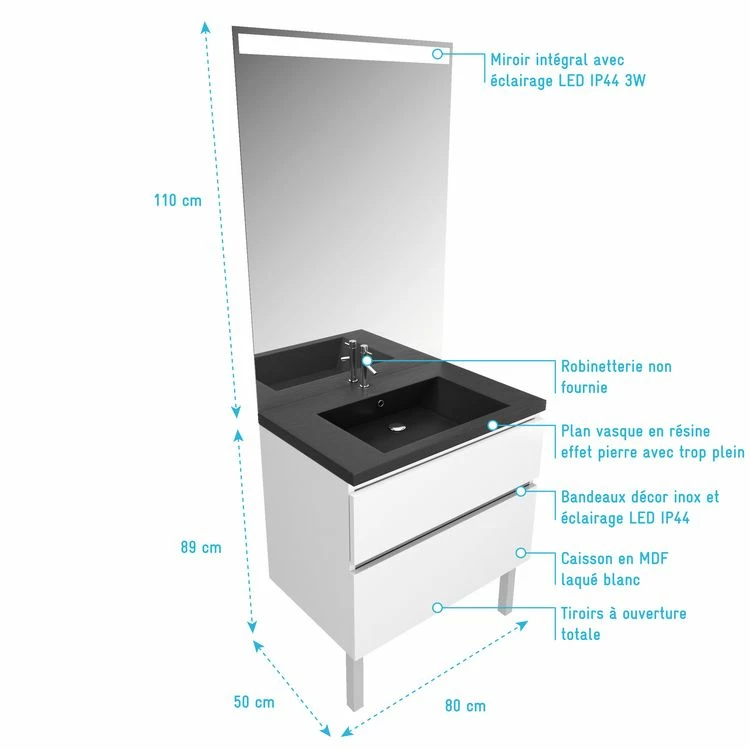Aurlane Meuble Salle De Bain 80 Cm Blanc - Avec Tiroirs - Vasque Et Miroir - MERELY STONE 80 4 Aurlane Meuble Salle De Bain 80 Cm Blanc - Avec Tiroirs - Vasque Et Miroir - MERELY STONE 80 – Image 4