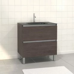 Aurlane Pack Meuble De Salle De Bain 80x50 Cm Graphite - 2 Tiroirs - Vasque En Verre Noir