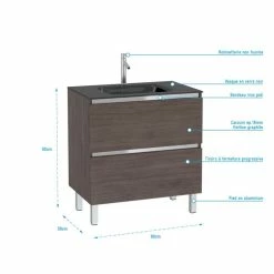 Aurlane Pack Meuble De Salle De Bain 80x50 Cm Graphite - 2 Tiroirs - Vasque En Verre Noir -Paris Prix boutique B2CD 1468