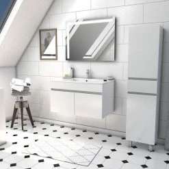 Aurlane Ensemble Meuble De Salle De Bain Blanc 60cm Suspendu A Portes + Vasque Ceramique Blanche + Miroir