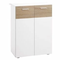 KLEANKIN Meuble Bas De Salle De Bain Placard Double Porte Avec 2 étagères Réglables Panneaux Particules Blanc Aspect Chêne Clair