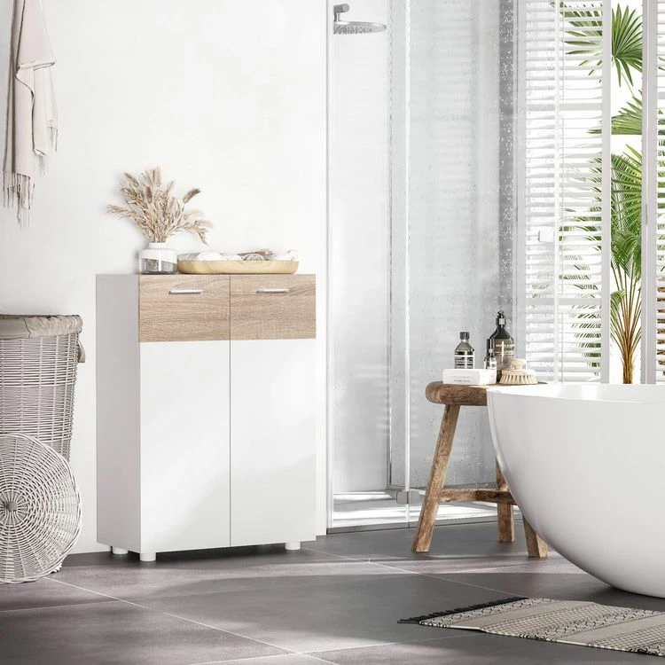 KLEANKIN Meuble Bas De Salle De Bain Placard Double Porte Avec 2 étagères Réglables Panneaux Particules Blanc Aspect Chêne Clair 2 KLEANKIN Meuble Bas De Salle De Bain Placard Double Porte Avec 2 étagères Réglables Panneaux Particules Blanc Aspect Chêne Clair – Image 2