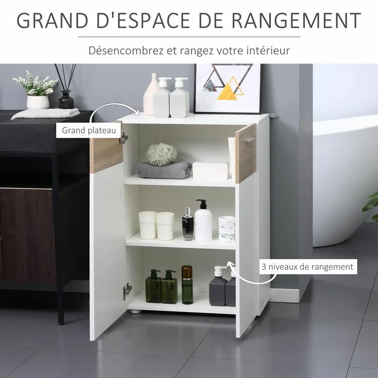 KLEANKIN Meuble Bas De Salle De Bain Placard Double Porte Avec 2 étagères Réglables Panneaux Particules Blanc Aspect Chêne Clair 4 KLEANKIN Meuble Bas De Salle De Bain Placard Double Porte Avec 2 étagères Réglables Panneaux Particules Blanc Aspect Chêne Clair – Image 4