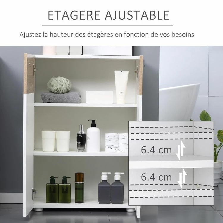KLEANKIN Meuble Bas De Salle De Bain Placard Double Porte Avec 2 étagères Réglables Panneaux Particules Blanc Aspect Chêne Clair 5 KLEANKIN Meuble Bas De Salle De Bain Placard Double Porte Avec 2 étagères Réglables Panneaux Particules Blanc Aspect Chêne Clair – Image 5