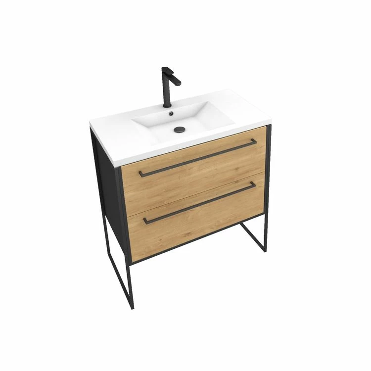 Aurlane Meuble Salle De Bains 80 Cm à Tiroirs Finition Chêne Et Noir - Vasque Résine Blanche - STRUCTURA 3 Aurlane Meuble Salle De Bains 80 Cm à Tiroirs Finition Chêne Et Noir - Vasque Résine Blanche - STRUCTURA – Image 3