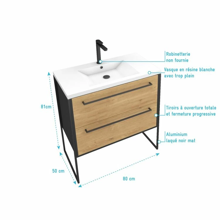 Aurlane Meuble Salle De Bains 80 Cm à Tiroirs Finition Chêne Et Noir - Vasque Résine Blanche - STRUCTURA 4 Aurlane Meuble Salle De Bains 80 Cm à Tiroirs Finition Chêne Et Noir - Vasque Résine Blanche - STRUCTURA – Image 4