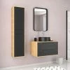 Aurlane Meuble De Salle De Bain Chêne Naturel + Vasque Noir Mat + Miroir + Colonne - UBY 80 - 80x45x53cm