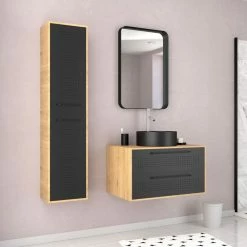 Aurlane Meuble De Salle De Bain ChĂȘne Naturel + Vasque Noir Mat + Miroir + Colonne - UBY 80 - 80x45x53cm