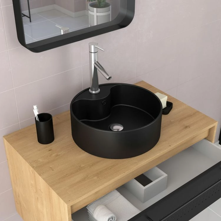 Aurlane Meuble De Salle De Bain Chêne Naturel + Vasque Noir Mat + Miroir + Colonne - UBY 80 - 80x45x53cm 3 Aurlane Meuble De Salle De Bain Chêne Naturel + Vasque Noir Mat + Miroir + Colonne - UBY 80 - 80x45x53cm – Image 3