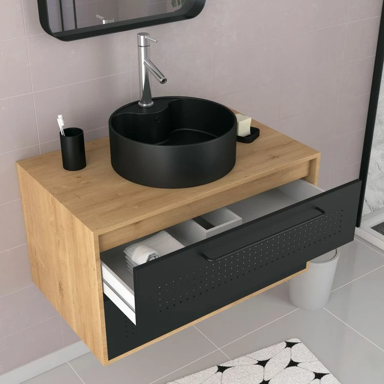 Aurlane Meuble De Salle De Bain Chêne Naturel + Vasque Noir Mat + Miroir + Colonne - UBY 80 - 80x45x53cm 4 Aurlane Meuble De Salle De Bain Chêne Naturel + Vasque Noir Mat + Miroir + Colonne - UBY 80 - 80x45x53cm – Image 4