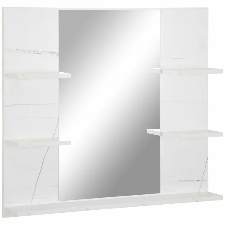 KLEANKIN Miroir De Salle De Bain Avec étagères - 4 étagères Latérales + Grande étagère Inférieure - Kit Installation Fourni - MDF Blanc Effet Marbre 1 KLEANKIN Miroir De Salle De Bain Avec étagères - 4 étagères Latérales + Grande étagère Inférieure - Kit Installation Fourni - MDF Blanc Effet Marbre