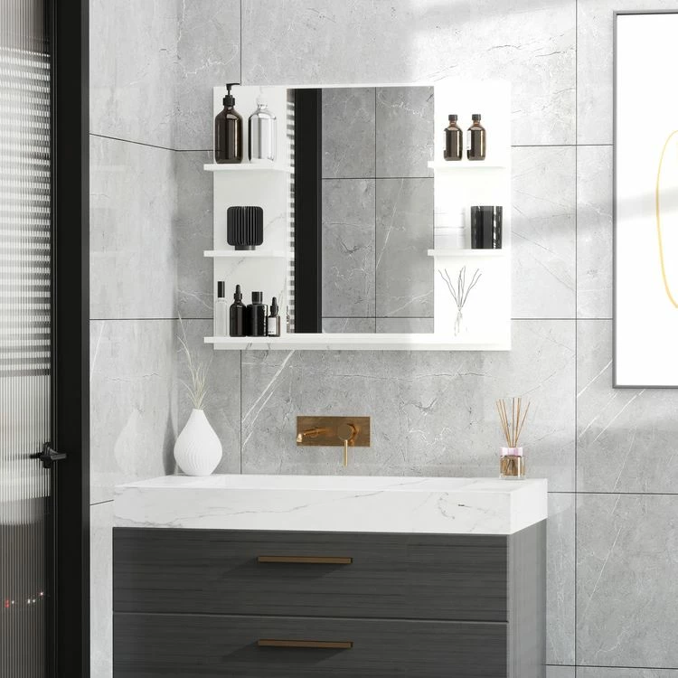 KLEANKIN Miroir De Salle De Bain Avec étagères - 4 étagères Latérales + Grande étagère Inférieure - Kit Installation Fourni - MDF Blanc Effet Marbre 2 KLEANKIN Miroir De Salle De Bain Avec étagères - 4 étagères Latérales + Grande étagère Inférieure - Kit Installation Fourni - MDF Blanc Effet Marbre – Image 2