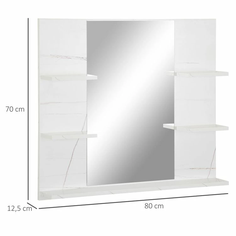KLEANKIN Miroir De Salle De Bain Avec étagères - 4 étagères Latérales + Grande étagère Inférieure - Kit Installation Fourni - MDF Blanc Effet Marbre 3 KLEANKIN Miroir De Salle De Bain Avec étagères - 4 étagères Latérales + Grande étagère Inférieure - Kit Installation Fourni - MDF Blanc Effet Marbre – Image 3