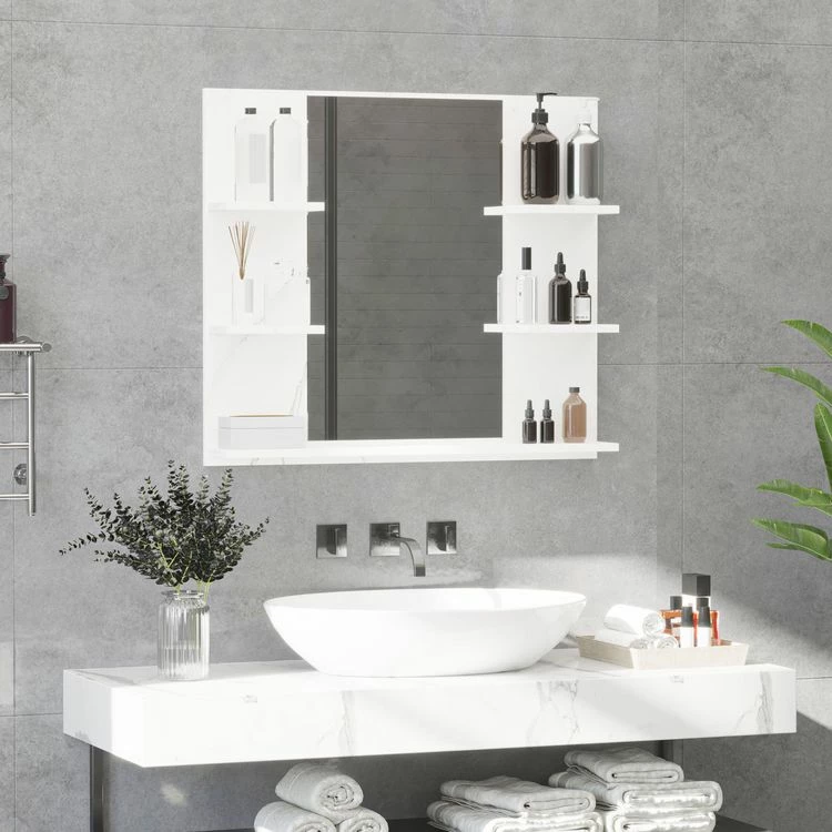 KLEANKIN Miroir De Salle De Bain Avec étagères - 4 étagères Latérales + Grande étagère Inférieure - Kit Installation Fourni - MDF Blanc Effet Marbre 4 KLEANKIN Miroir De Salle De Bain Avec étagères - 4 étagères Latérales + Grande étagère Inférieure - Kit Installation Fourni - MDF Blanc Effet Marbre – Image 4